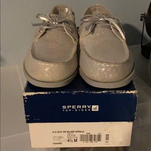 Sperry Slip on Shoes Silver Sparkle